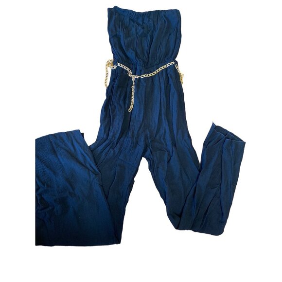 Whisper Womens Navy Blue Strapless Jumpsuit With Gold Chain Belt Small 100% Rayo - Picture 3 of 4